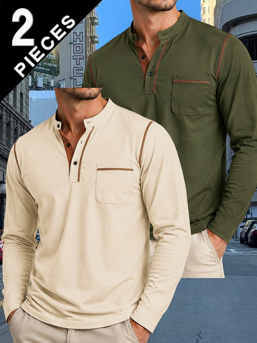 2pcs Men'S Autumn Winter Stand-Collar Long Sleeve Henley Shirts, Contrast Color Pinstripe Polo Shirts with Pockets, Soft And Breathable Sweat-Absorbing, Business Casual Basic Long Sleeve Top, Skin-Friendly Soft Fabric Comfortable, Sweat-Resistant - Khaki+Army Green