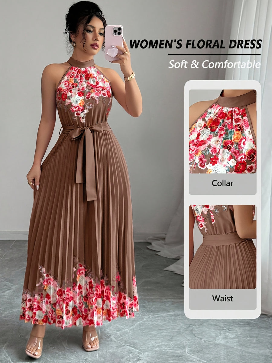 Fashionable New Women'S Summer Halter Floral Print Pleated Dress - Coffee Brown