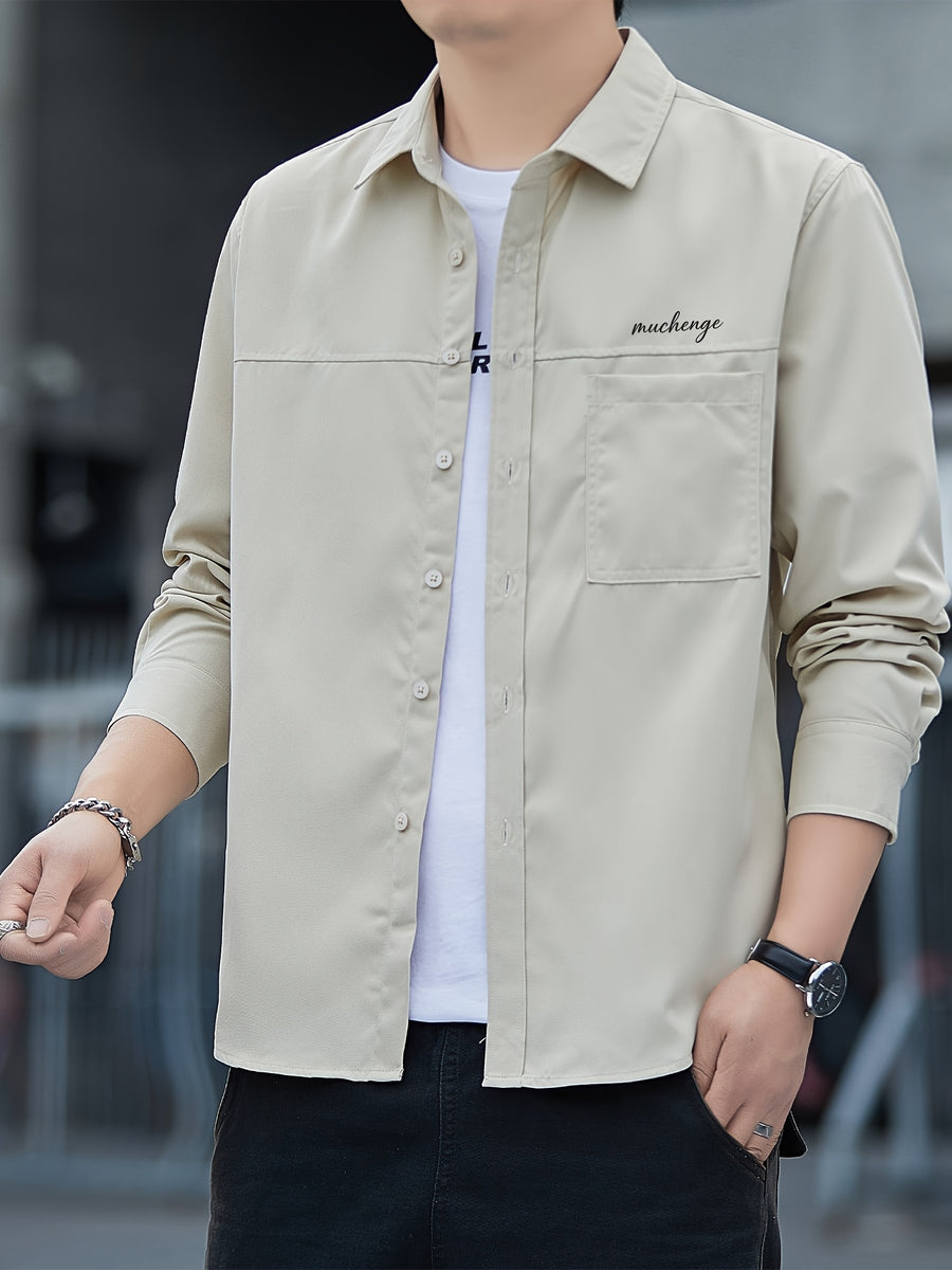 Men'S Long Sleeve Shirt Patchwork Single Pocket Letter Print Outdoor Casual Spring Autumn Regular Daily Commute Office Date Party - Apricot