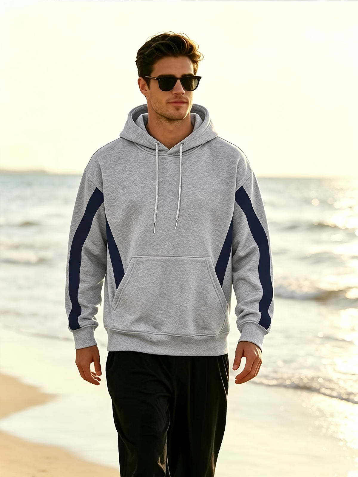 New Men'S Double Striped Hooded Sweatshirt with Loose Fit And Comfortable Pockets, Versatile And Trendy Hoodie for Daily Use - Grey