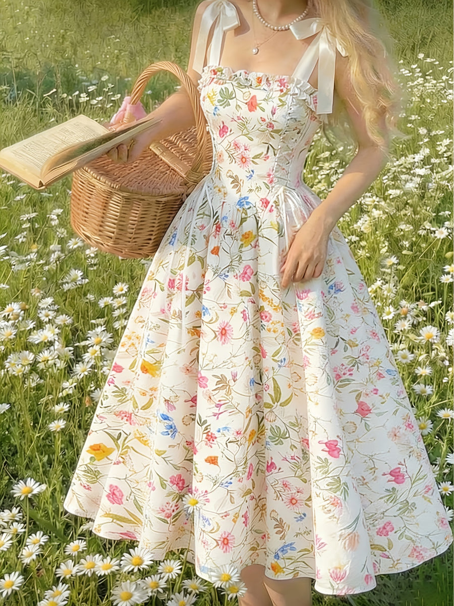 Sweet Floral Print Spaghetti Strap Tie-Up Dress, Waist-Cinching Flared Maxi Dress, Bow Strap Princess Dress, Elegant Vintage Pastoral Style - Multicolor