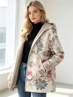 Women'S Fashion Autumn And Winter Hooded Long Sleeve Zipper Floral Print Fleece-Lined Jacket Coat - Blue Flower
