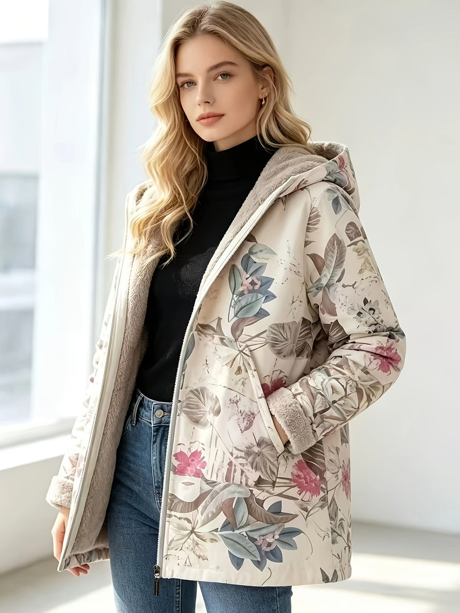 Women'S Fashion Autumn And Winter Hooded Long Sleeve Zipper Floral Print Fleece-Lined Jacket Coat - Blue Flower