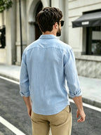 The Preferred Gift for Back to School Season Is Men's Casual Shirts. Spring and Autumn Long Sleeved Shirts Are Trendy, Loose, Solid Color, Breathable and Versatile Tops, Making Them the Perfect Holiday Gift - Sky Blue