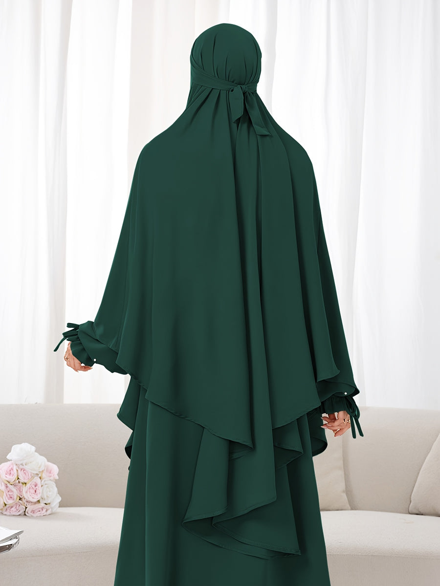 Women's 2pcs Modest Islamic Abaya & Khimar Suit - Elegant Full Coverage Prayer Dress with Headscarf, Pure Color Muslim Dress Suitable for Daily Wear, Hajj, Ramadan, Travel - Abaya Robe for Muslim Women - Dark Green
