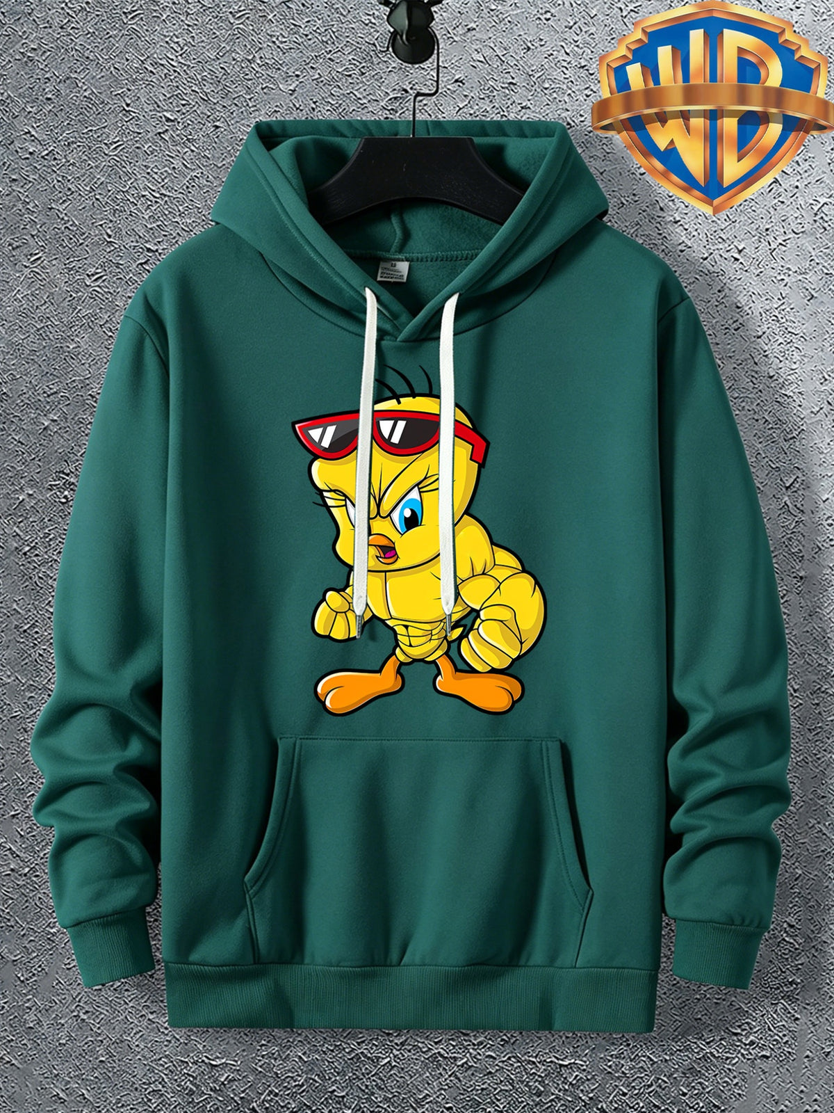 Warner Licensed Men'S Autumn Long Sleeve Hooded Sweatshirt, Durable Ribbed Cuffs, Breathable Polyester Fabric, Funny Muscle Bird Creative Cartoon Print, Suitable for Campus Youth Daily Wear, Class And Social Outings, Loose Drop Shoulder Cut - Green