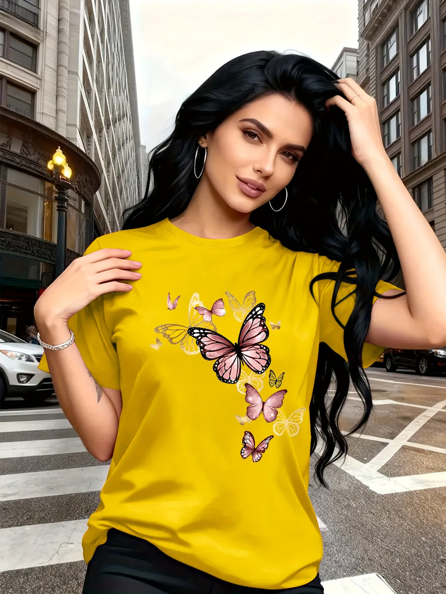 Watercolor Style Butterfly Pattern Print, Fashion Breathable T-Shirt, Family Travel, Campus, Casual, Daily Commute, Sisters' Matching Outfit, Versatile T-Shirt - Yellow