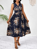 Summer Elegant Women'S Printed Sleeveless Dress, Casual Comfortable Easy Mid-Length Skirt for Summer, Temperament Outing Fashion Dress Women'S Clothing - Navy blue color