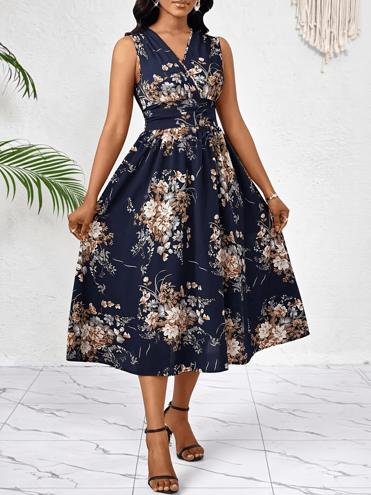 Summer Elegant Women'S Printed Sleeveless Dress, Casual Comfortable Easy Mid-Length Skirt for Summer, Temperament Outing Fashion Dress Women'S Clothing - Navy blue color