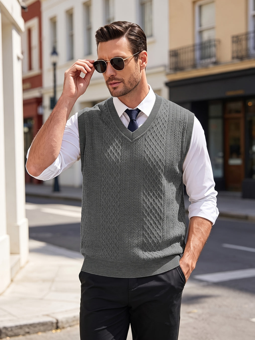 Xingfan OBM Men's Autumn/Winter Light Luxury New Ribbed V-Neck Cable Knit Vest, Rhombus Jacquard Sleeveless Sweater Cardigan, Business Gentleman's Layering Knit Top. Soft and Warm Knitted Fabric, Vintage Three-dimensional Cable Knit Rhombus Texture - Dark Gray