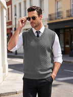 Xingfan OBM Men's Autumn/Winter Light Luxury New Ribbed V-Neck Cable Knit Vest, Rhombus Jacquard Sleeveless Sweater Cardigan, Business Gentleman's Layering Knit Top. Soft and Warm Knitted Fabric, Vintage Three-dimensional Cable Knit Rhombus Texture - Dark Gray