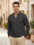Spring/Autumn Men'S Long Sleeve Polo Shirt, Linen Texture Moisture-Wicking Breathable Sports Casual Henley Shirt, Half-Button Placket Button-Up Solid Color Top - Black