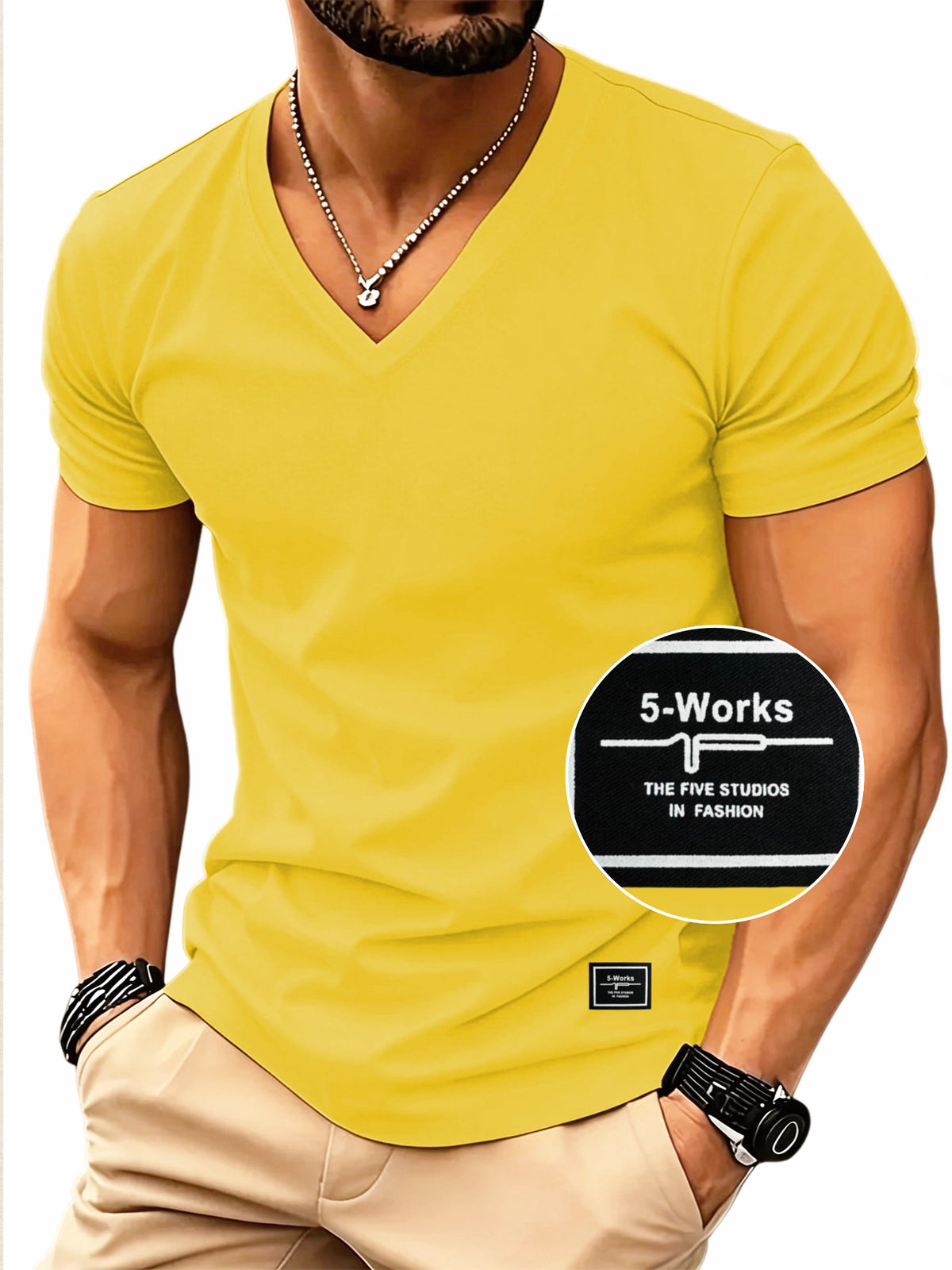 180g 100% Men's V-Neck Short-Sleeve Top, Casual T-Shirt, Solid Color Base Layer, "5-work" Summer All-Season Base Layer, Factory-Made for Men, Comfortable, High Quality, High Fit Rate, Casual Sportswear - Yellow
