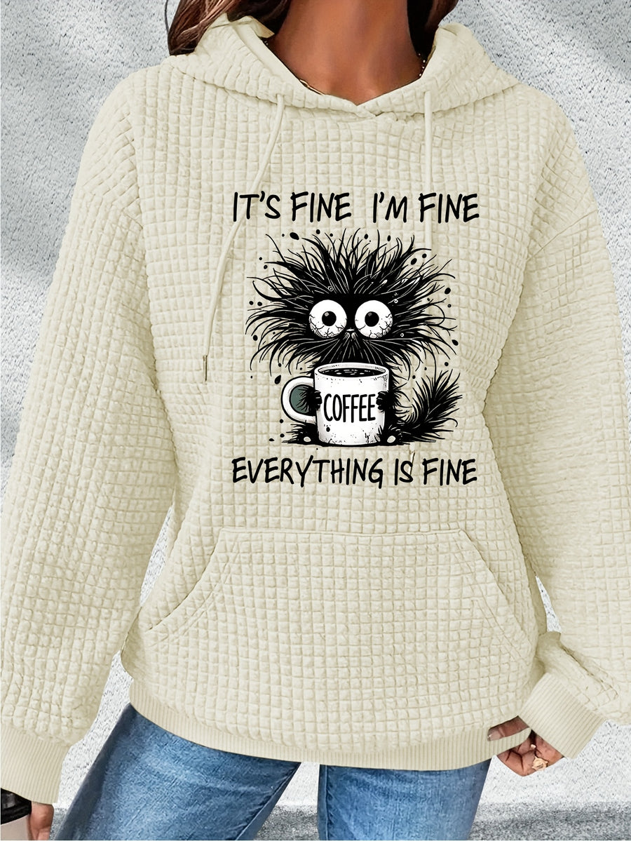 Women'S Black Hoodie with "It'S Fine I'm Fine Everything is Fine" Cartoon Cat & Coffee Design - Cozy Long Sleeve Pullover for Fall/Winter, Casual Everyday Hoodie, Casual Wear Hoodie | Playful Graphic Hoodie | Construction, Cat Hoodie - Apricot