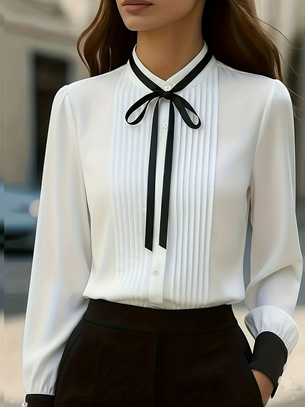 Ladies' Solid Color Pleated Bow Elegant Fashion Long Sleeve Shirt Top - White