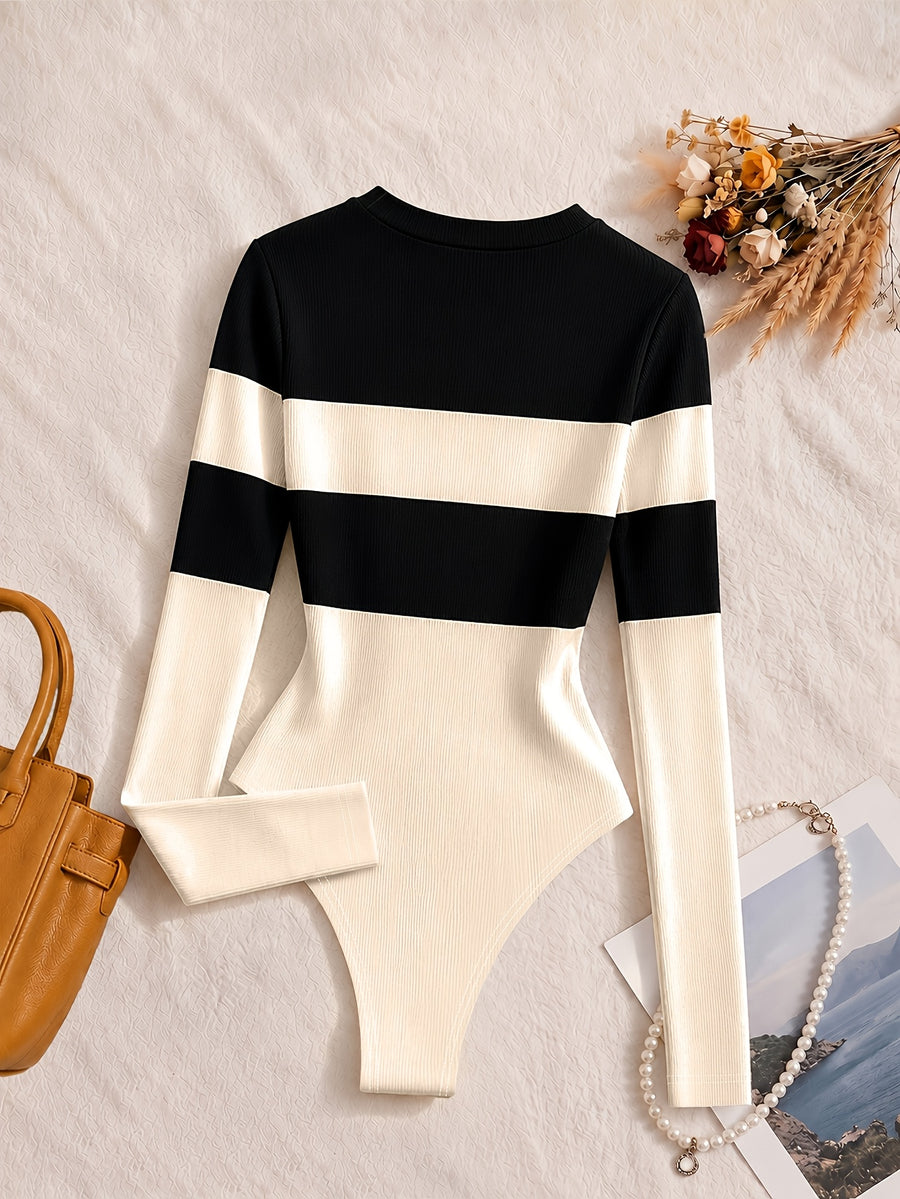 Spring Autumn Striped Long Sleeve Jumpsuit Women'S Niche Easy Color-Block Patchwork Long Sleeve Jumpsuit Fitted Round Neck Tight Jumpsuit Elastic Skin-Fit Inner Top - Apricot Spell Black