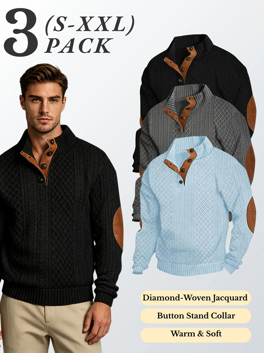 3pcs Men'S Textured Jacquard Knit Sweater Retro Casual Button-Up Stand Collar Long Sleeve Top for Autumn Winter Outing Home Versatile Basic Solid Color - Black + Dark Gray + Sky Blue