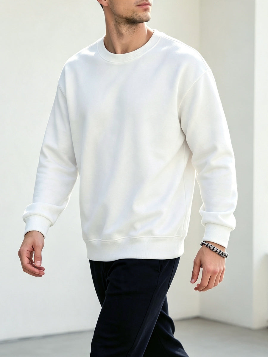 2pcs Men'S Spring Autumn Fashion Round Neck Sweatshirts - Knit Long Sleeve, Blend with Slight Stretch, Ideal for Studio And Outdoor Casual Running, True Color Pullover, Perfect Gift - Black+White