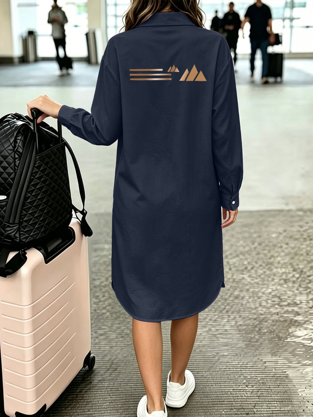 1pc Minimalist Long-Sleeve Shirt Dress with Golden Pattern Decoration on Front and Back, Suitable for Daily Commuting and Travel Wear, Printed New Y2K Style, Women's Elegant Commuter Vacation Dress, Casual Commuter Fashion Versatile Long Shirt - Navy Color