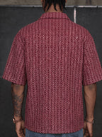 Bohemian Style Men'S Short Sleeve Shirt, Thick Needle Jacquard Geometric Print, Loose Lapel Casual Top Jacket, Summer Breathable - Brick Red