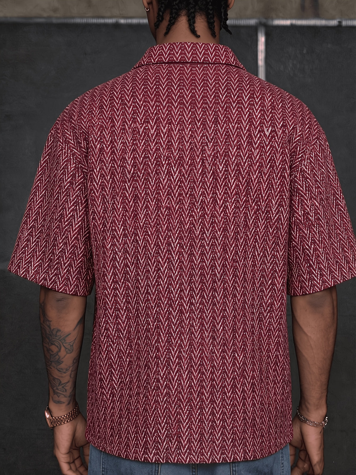 Bohemian Style Men'S Short Sleeve Shirt, Thick Needle Jacquard Geometric Print, Loose Lapel Casual Top Jacket, Summer Breathable - Brick Red