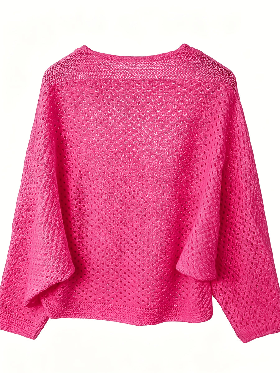 Women's Pullover V-Neck Soft Sweater, Loose Hollow-Out Top, Gentle Style Top, Fashionable, Soft Fabric, Versatile Long-Sleeve Batwing Shirt, Breathable Cover-Up - Dark Pink