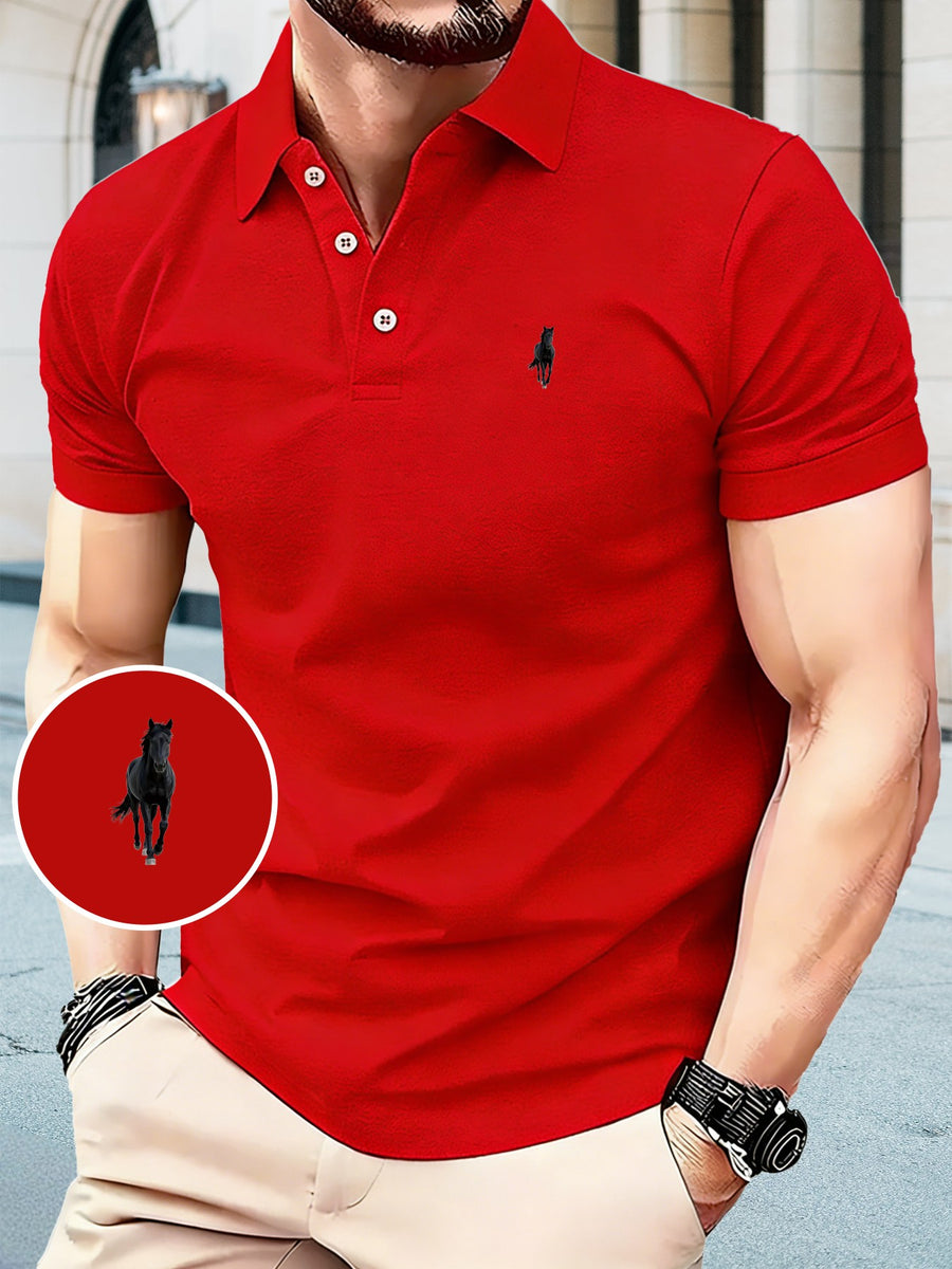 P176# Men'S Short Sleeve Polo Shirt with Black Horse Graphic Print, Outdoor Casual Breathable Top, Button-Up Collar, Golf Apparel, Inner And Outer Wear, Skin-Friendly Fabric, Men'S Fashion T-Shirt - Red