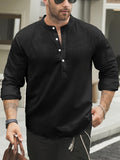 Pearson Men's Fashion Stand Collar Solid Color Button Stretch Knit Shirt - Summer Blend Commuter Top Linen Henley Shirt, 95% Cotton 5% Linen, Light Mature Casual Series - Black