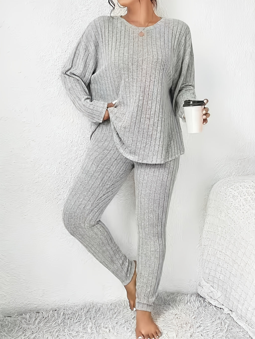 Solid Color Long-sleeved Top and Trousers Casual Everyday Set - Grey