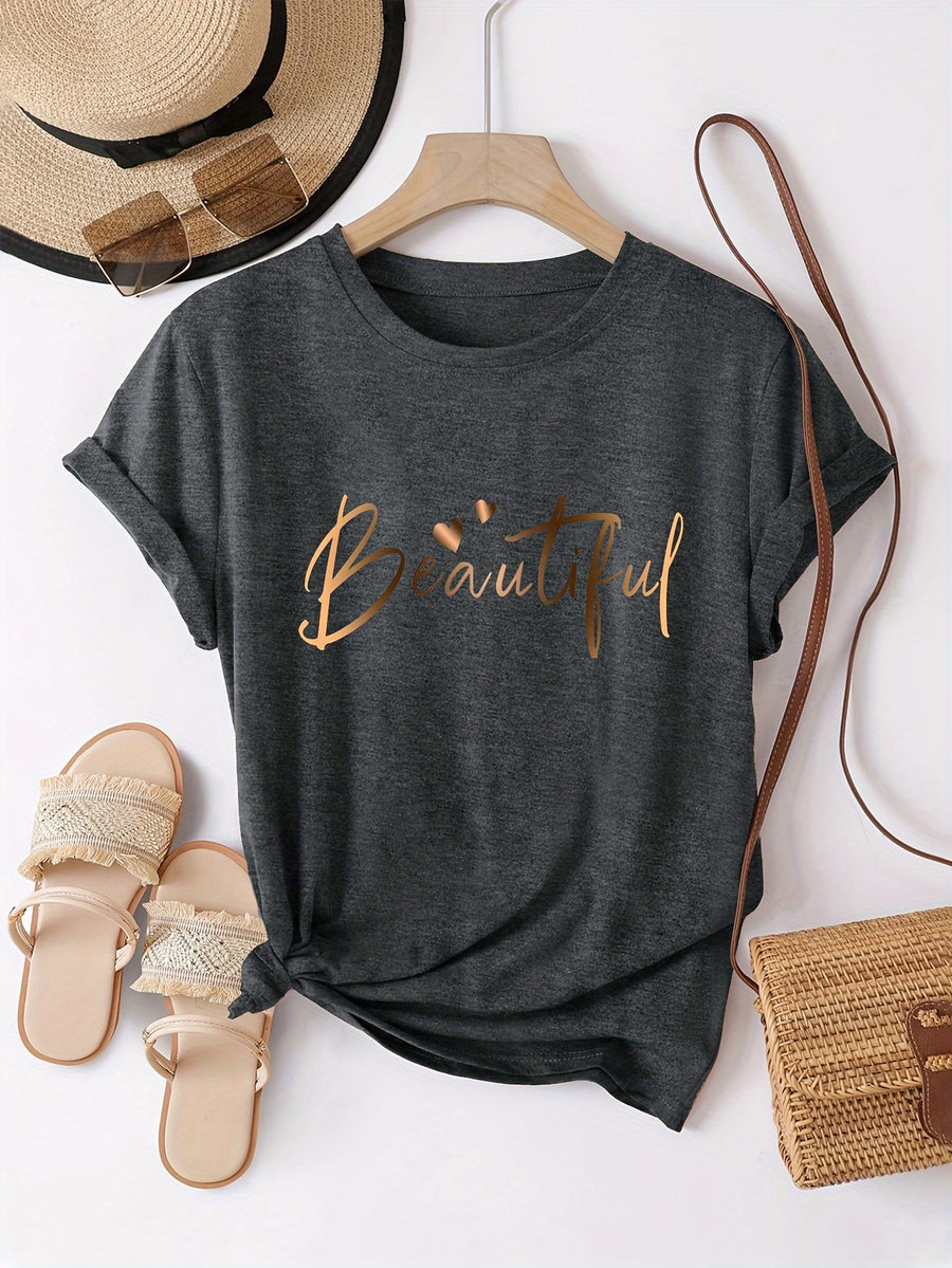 Spring Summer Easy Round Neck Fashion Loose Versatile Casual Short Sleeve T-Shirt Heart Letter Women'S Top Pattern - Grey