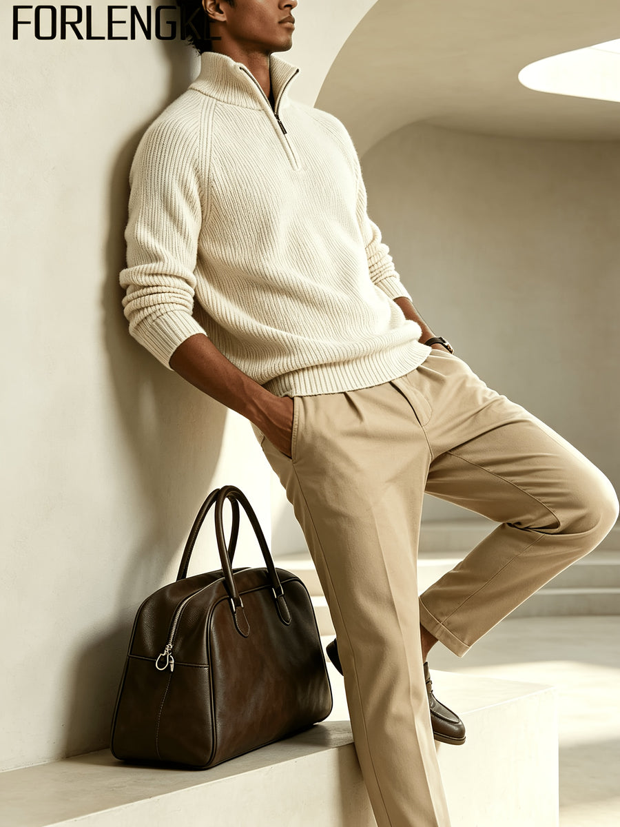 FORLENGKE Men's Half-Zip Sweater with Stand Collar & - High-Elastic Pullover, Half-Zipper Front Suitable for Outdoors, Dates, Casual Wear, Solid Color Base Layer Sweater for Fall/Winter Layering (Dry Care) - Apricot