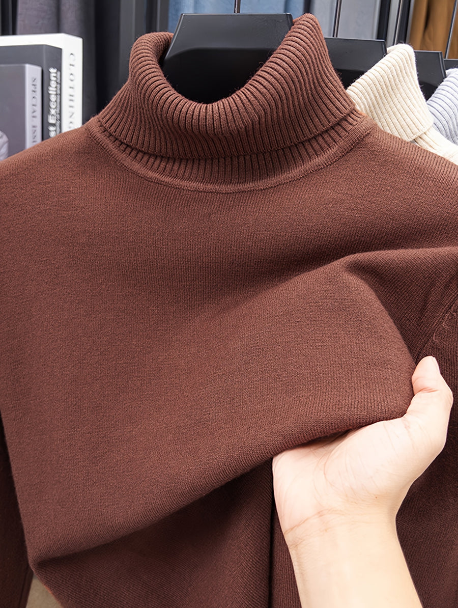 Men'S Autumn Winter Turtleneck Sweater, 10 Colors Available Solid Basic Style Elastic Warm Ribbed Cuff Casual Slim Fit Base Layer Pullover, Knit - Coffee Color