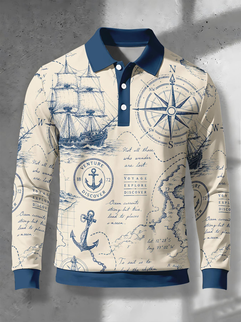 Men's Contrast Color Long Sleeve Polo Shirt, Lapel Collar Three-Button Casual Top with Vintage Nautical Manuscript Print, Versatile Men's Apparel for Spring/Autumn Business Commuting and Golf, Surprise Birthday/Holiday Gift for Young Men - Mixed Color B
