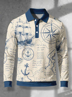 Men's Contrast Color Long Sleeve Polo Shirt, Lapel Collar Three-Button Casual Top with Vintage Nautical Manuscript Print, Versatile Men's Apparel for Spring/Autumn Business Commuting and Golf, Surprise Birthday/Holiday Gift for Young Men - Mixed Color B
