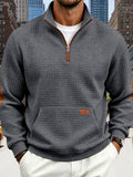 Men's Waffle Knit Casual Loose-Fit Long Sleeve Color-Block Stand Collar Half-Zip Autumn/Winter Sweatshirt - Dark Gray