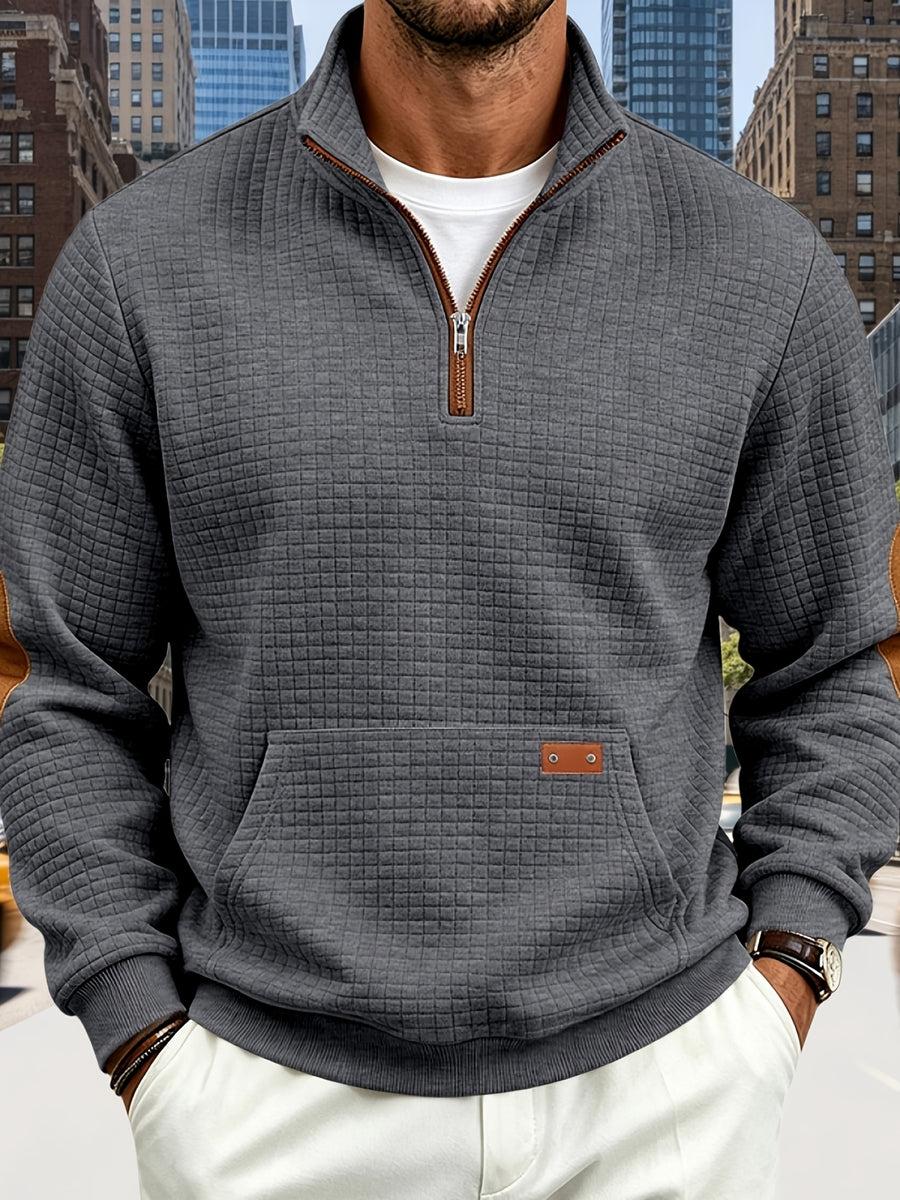 Men's Waffle Knit Casual Loose-Fit Long Sleeve Color-Block Stand Collar Half-Zip Autumn/Winter Sweatshirt - Dark Gray