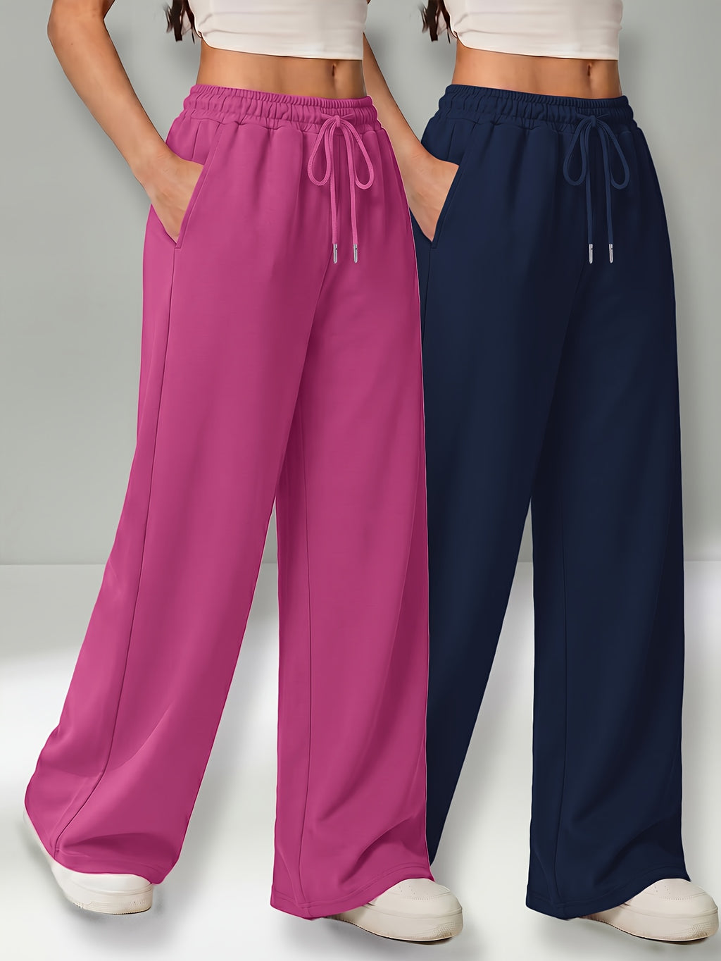 Autumn and Winter High-Waisted Casual Versatile Pants, Elastic Waist Loose Wide-Leg Pants 2pcs Set - Pink+blue