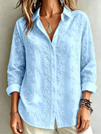 Women'S Vintage Loose Classic Shirt, Long Sleeve Lapel Embroidery Elegant Casual Office Commute Preppy Fashion All-Season Blouse - Light Blue