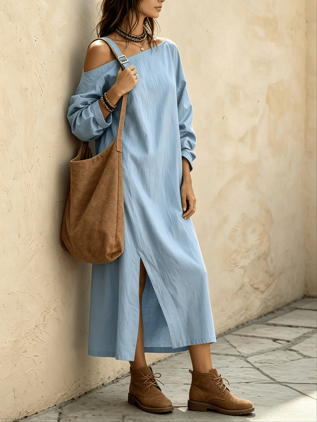 Women's Asymmetric Off-Shoulder Long Dress, Casual Long Sleeve Loose Split Midi Dress with Pockets, Suitable for Daily Commuting, Vacation, and Office Wear - Sky Blue