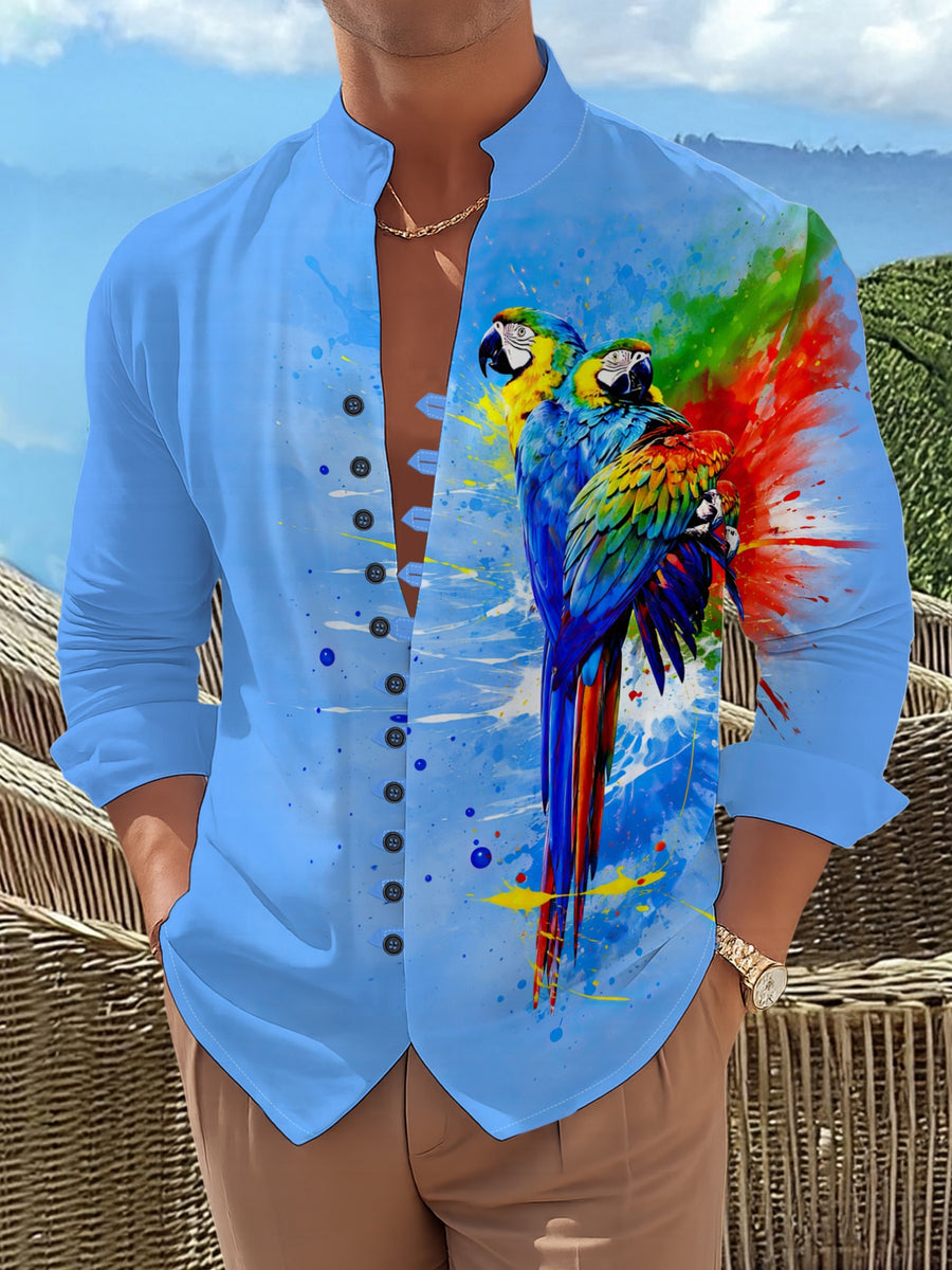 Men'S Fashion Stand Collar Long Sleeve Shirt with 11-Row Buttons Casual Versatile Top - Mixed colors