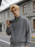 Men'S 950G Heavyweight Stand Collar Zipper Sweater, 58.1% Polyester 26% Acrylic 15.9% Nylon Pinstripe Thickened Knit Jacket, 2026 New Knit Jacket, Office, Commute, Streetwear Fall Winter Casual Wear - Grey