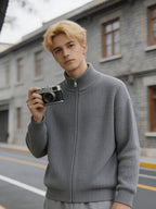 Men'S 950G Heavyweight Stand Collar Zipper Sweater, 58.1% Polyester 26% Acrylic 15.9% Nylon Pinstripe Thickened Knit Jacket, 2026 New Knit Jacket, Office, Commute, Streetwear Fall Winter Casual Wear - Grey