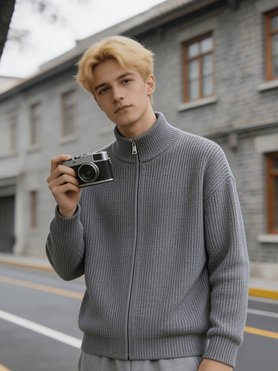 Men'S 950G Heavyweight Stand Collar Zipper Sweater, 58.1% Polyester 26% Acrylic 15.9% Nylon Pinstripe Thickened Knit Jacket, 2026 New Knit Jacket, Office, Commute, Streetwear Fall Winter Casual Wear - Grey