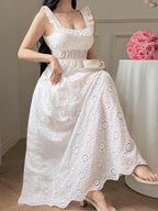 [WY260306056] Lazy Vacation Style White Hollow Embroidered Long Dress Square Neck Ruffled Waist Tie-Strap Evening Party Dress - Milky