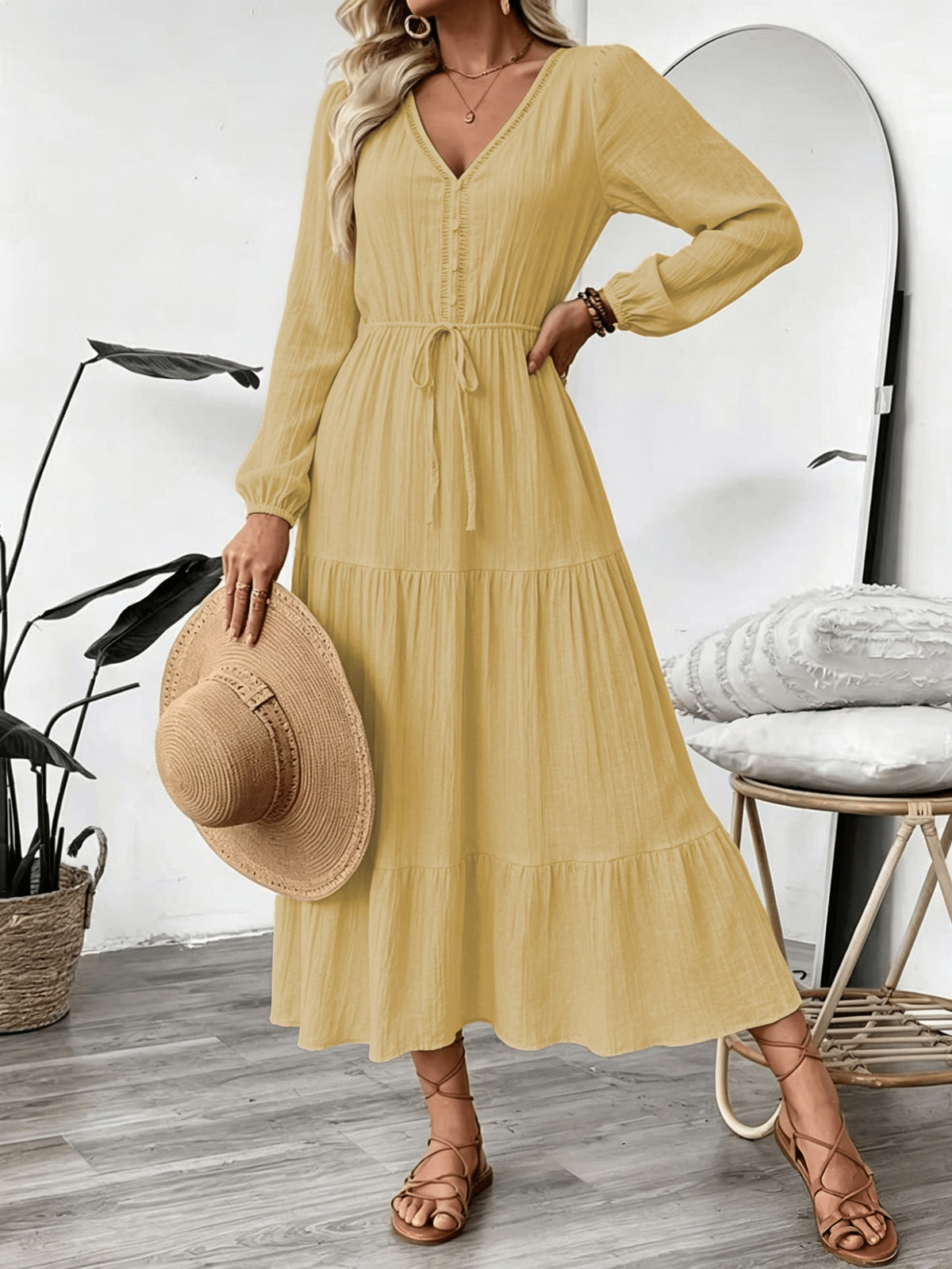 Women's Vacation Style Dress, Elegant and Fashionable V-Neck Lace Long Sleeve Maxi Dress - Lemon Yellow