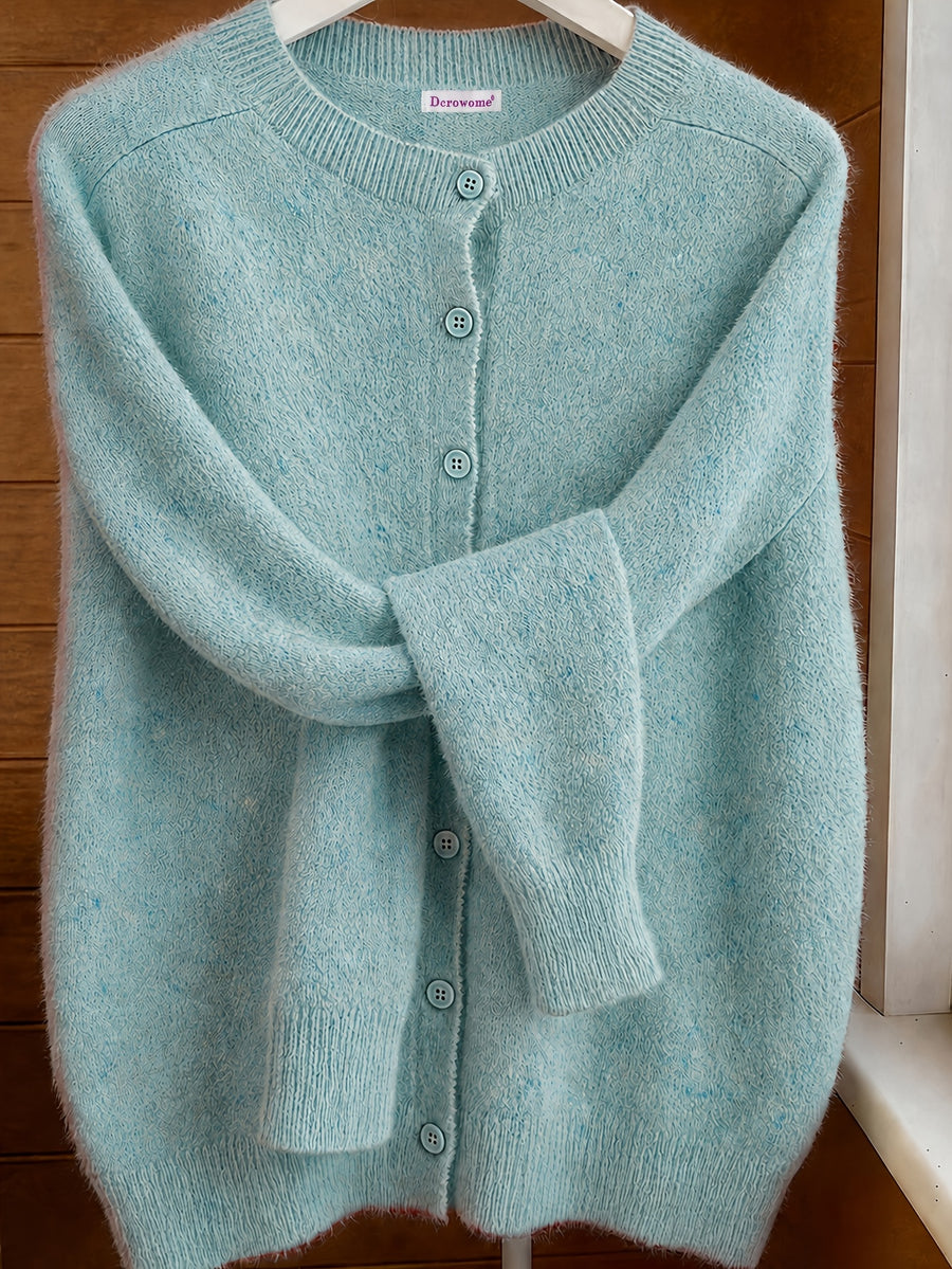 Spring Autumn Solid Color Round Neck Button Sweater Open Cardigan, Loose Casual Fashion Versatile Jacket, Soft Comfortable Elegant Women'S Top - Mineral Green