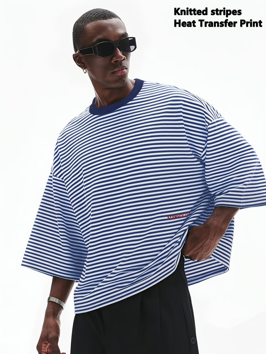 Summer Striped Cropped Loose-Fit Crew Neck T-Shirt, Men's Drop-Shoulder Simple Versatile Casual Top, Machine Washable - Mixed colors