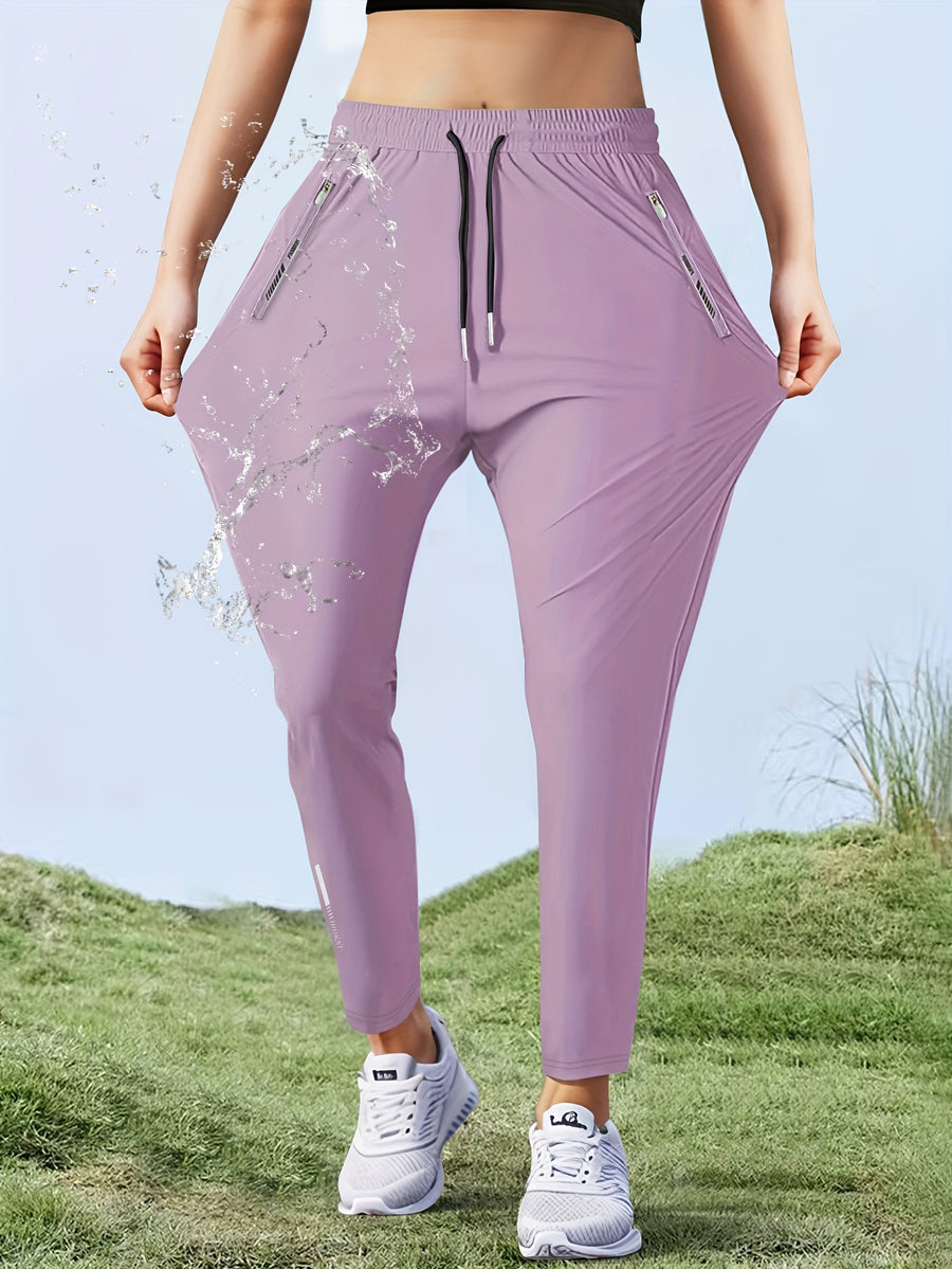 Women'S High-Elasticity Straight-Leg Fiber Pants | Casual Solid Color Long Length with Drawstring Waist, Zipper Pocket, Quick-Dry for Spring/Fall - Purple