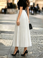 1pc Women's Skirt, Spring/autumn Solid Color Stretch Waist Sun Pleat A-line Skirt - White