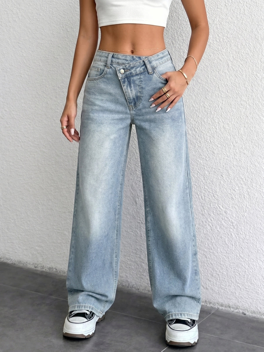 Women's 26AW+ Stretch Denim Pants — Light Blue with Irregular Waistband, Suitable for Both Casual and Formal Wear, Machine Washable, All-season Versatility, Ideal for Weekend Outfits, Elegant Style, Comfortable Fabric - Light Blue